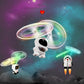 Luminous white astronaut gyro robot with glowing spinning propellers, toy drone