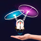 White astronaut gyro robot drone with glowing spinning propellers above an open hand