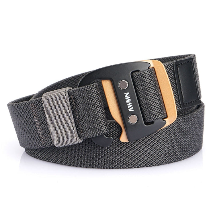 Men's dark gray woven stretch belt with sports hook buckle and gold-tone frame