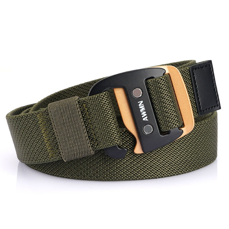 Men's army green woven stretch belt with sports hook buckle and gold-tone frame