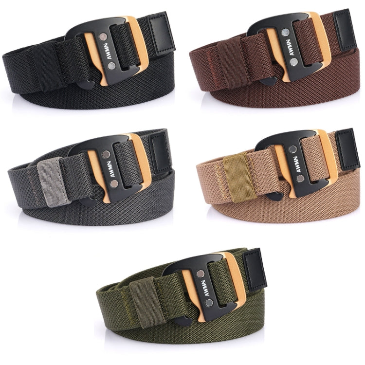 Assorted men’s woven stretch belts in black, brown, dark gray, khaki, and green
