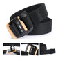 Men's black woven stretch belt close-up with gold-tone sports hook buckle