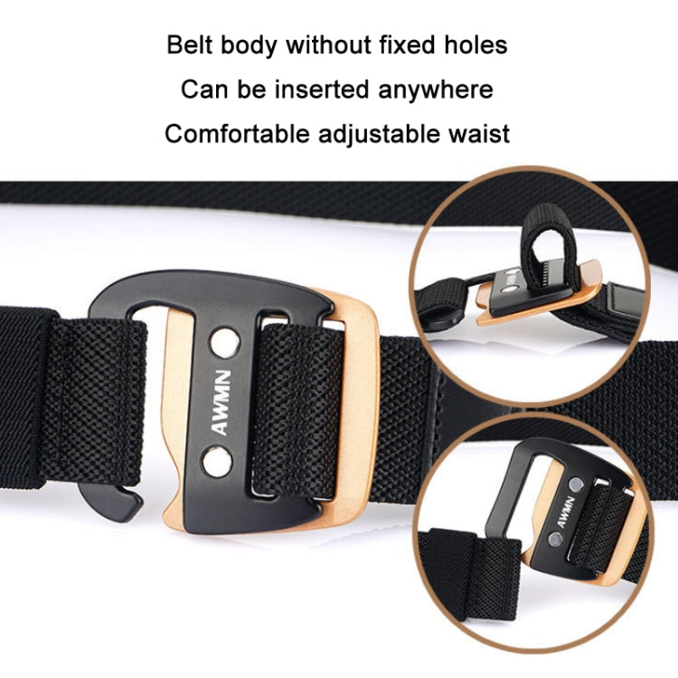 Black woven stretch belt with sports hook buckle and gold-tone frame