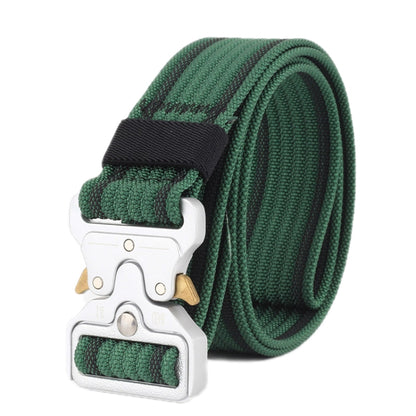 Green braided nylon belt with quick-release buckle and silver hardware
