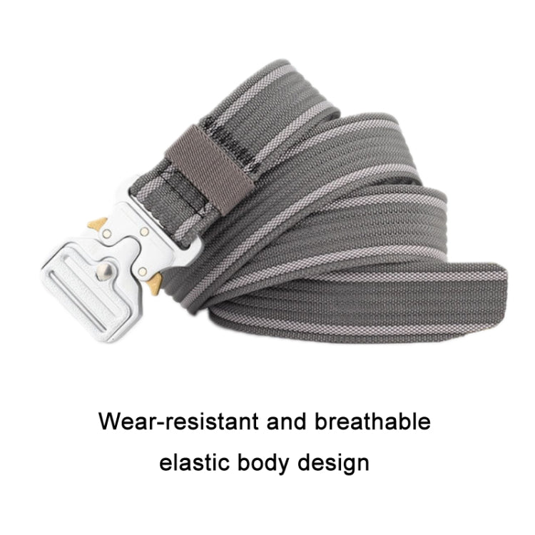 Braided nylon belt with quick-release buckle, dark grey ribbed strap and metal clasp