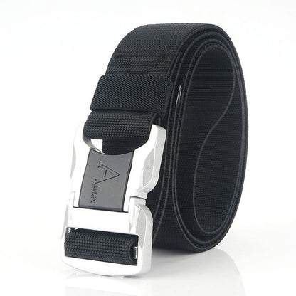 Aluminum alloy safety buckle belt, black woven strap with silver buckle