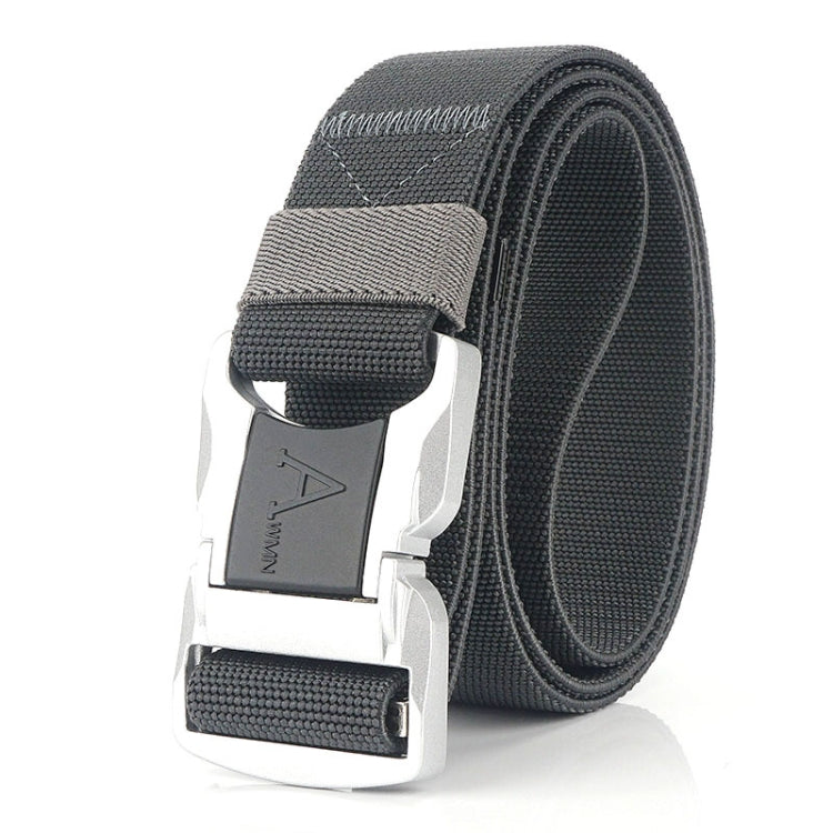 Aluminum alloy safety buckle belt, dark gray woven strap with silver buckle
