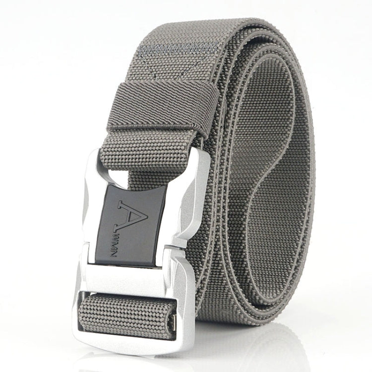 Aluminum alloy safety buckle belt, light gray woven strap with silver buckle