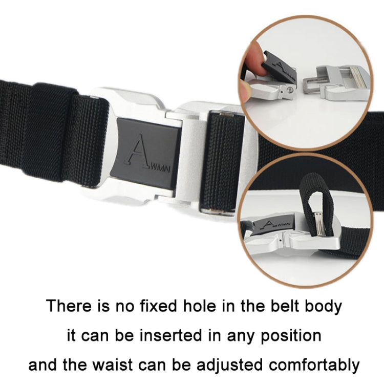 Aluminum alloy safety buckle belt close-up, black strap with silver adjustable buckle