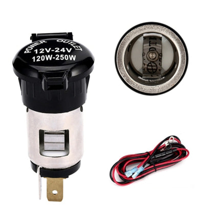 Car power socket cigarette-lighter style adapter, silver metal body with black top and wiring leads.