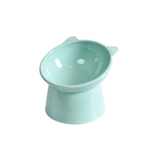 Raised slant pet food bowl in mint green plastic with wide round mouth