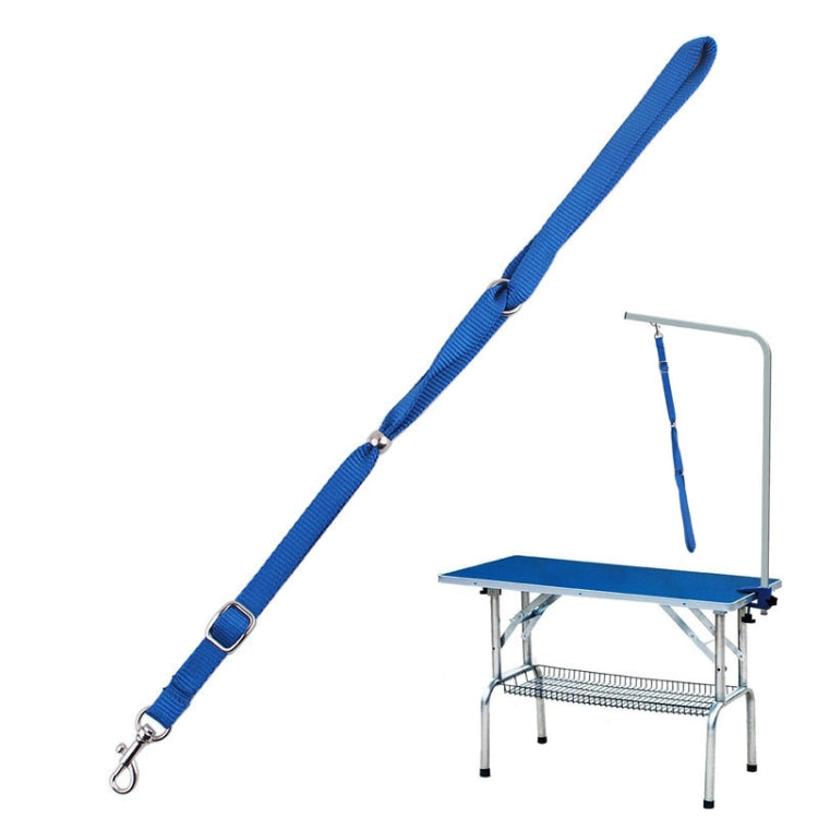 Blue dog traction rope with metal clasp end for pet bath table