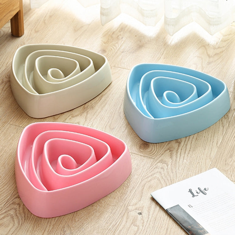 Set of three large triangular anti-choking slow-feed dog bowls in pink, blue, and beige