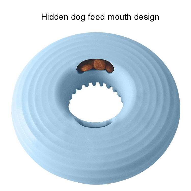 Blue round dog food puzzle toy with hidden treat pocket and center opening