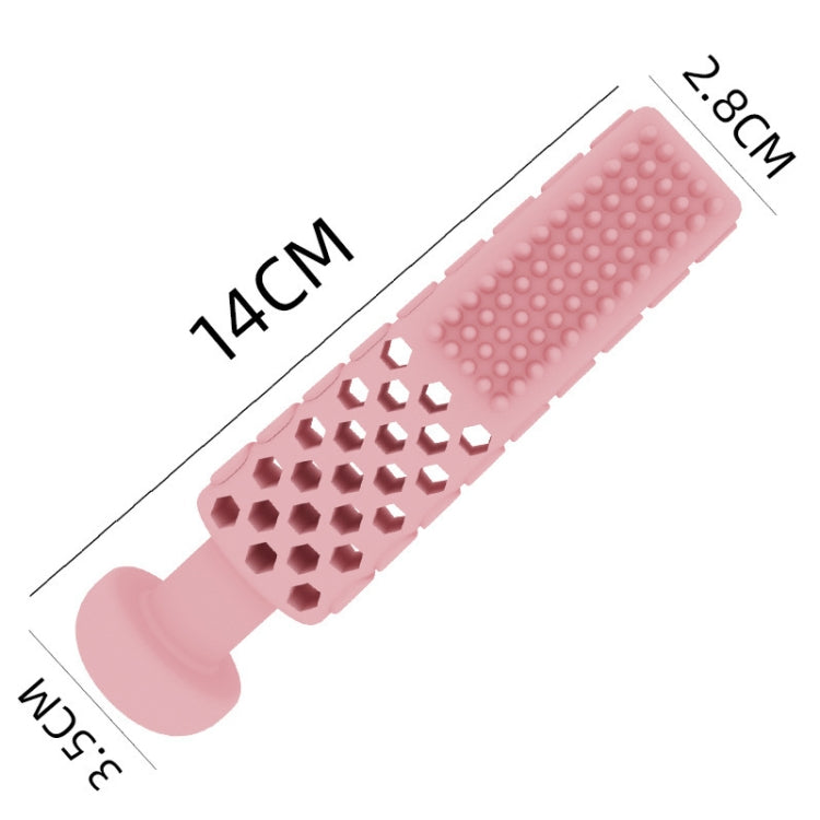 Pink toothpaste-shaped dog teething bite toy, 14 cm long, with raised cleaning bumps