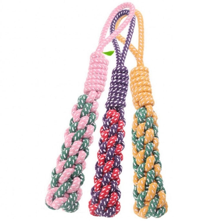 Set of three braided cotton rope chew toys with loop handles in pink, orange, and purple.