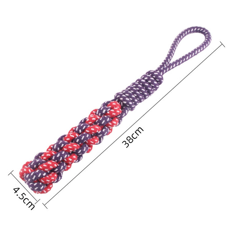 Purple and red braided cotton rope dog chew toy with loop handle.