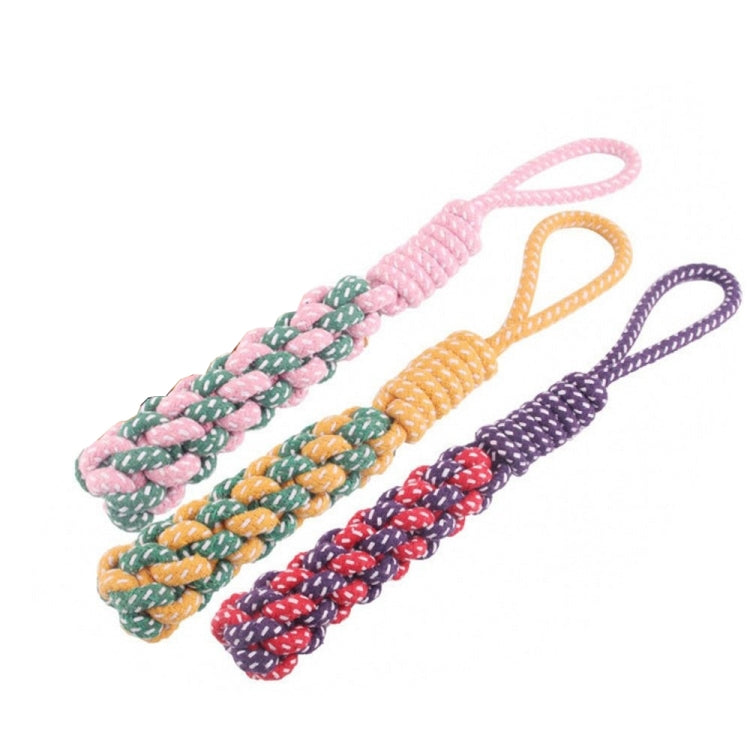 Three braided cotton rope dog chew toys with loop handles in pink, orange, green, and purple.
