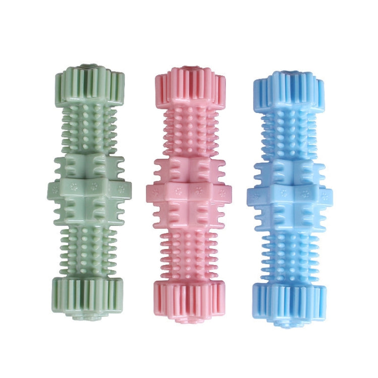 Assorted hexagonal molar dog chew toys in green, pink, and light blue