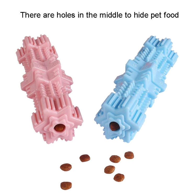 Light pink and light blue hexagonal molar dog chew toys with center holes