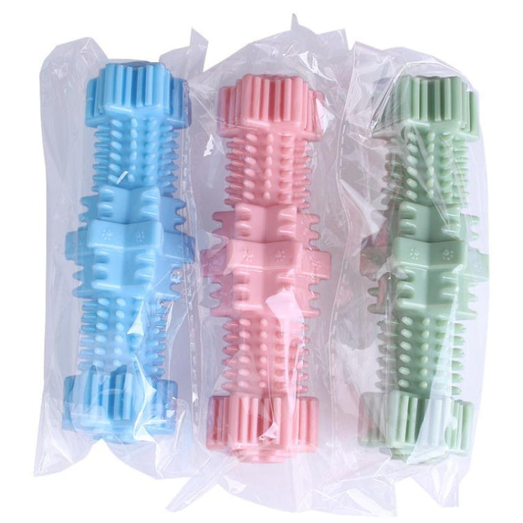 Pack of assorted hexagonal molar dog chew toys in light blue, pink, and green