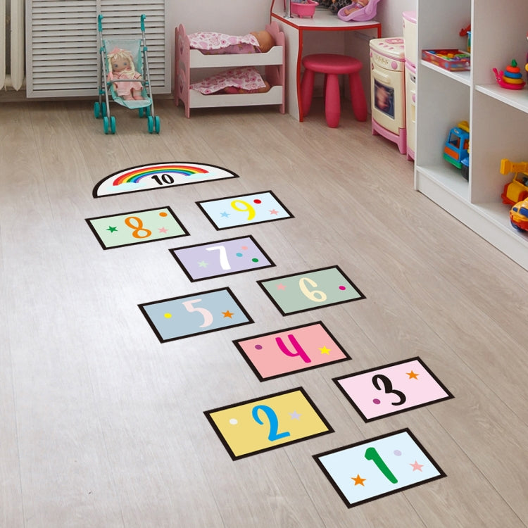 Children’s number jumping grid floor stickers with rainbow arch and numbered tiles 1 to 10