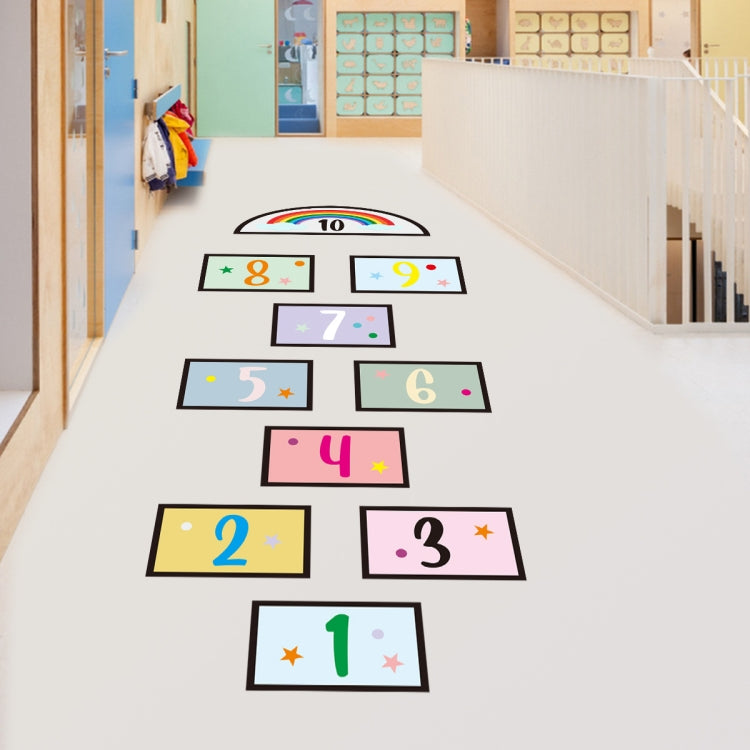 Children’s number jumping grid floor stickers arranged on a play area with tiles 1 to 10