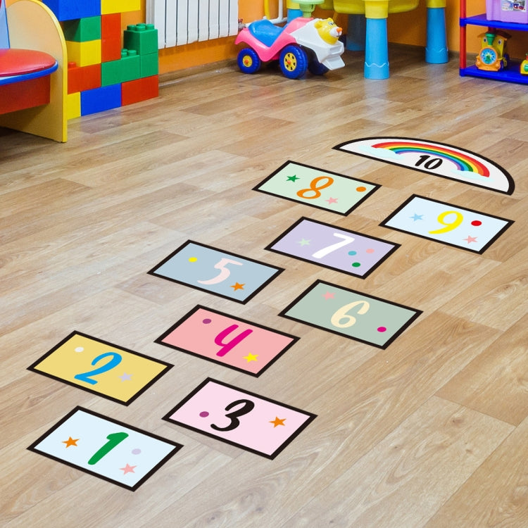 Children’s number jumping grid floor stickers on wood floor with tiles 1 to 10
