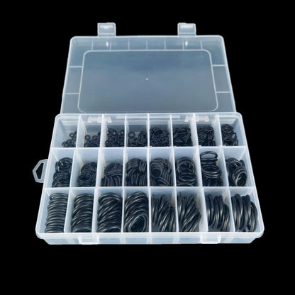 Rubber O-ring sealing rings kit in clear plastic organizer, multiple black rings