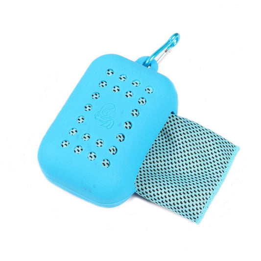 Blue cooling sports towel with carabiner clip and perforated mesh side sleeve