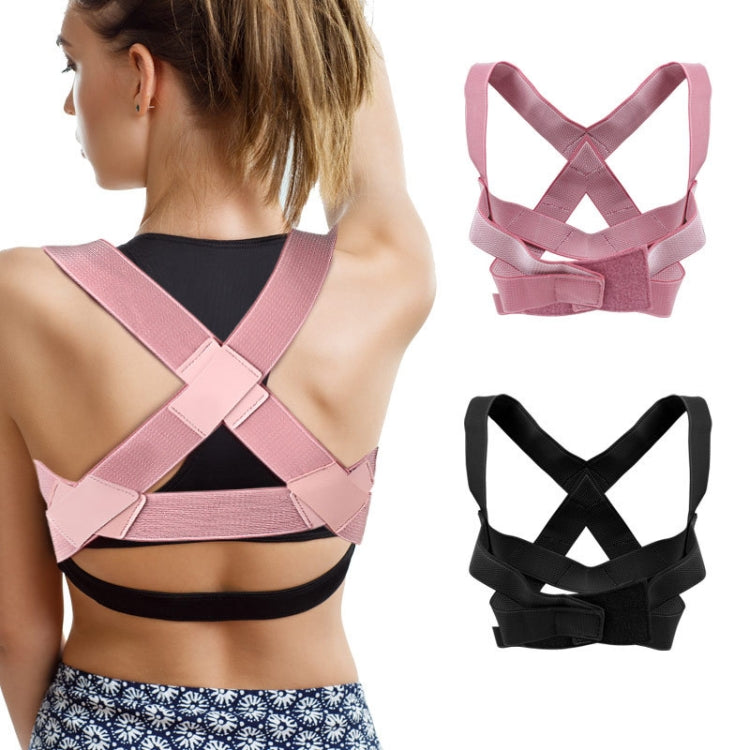 Pink and black posture correction belts worn on back, with crisscross strap design