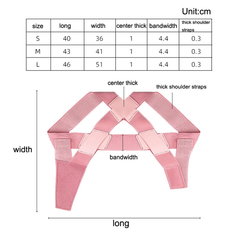 Pink posture correction belt size chart diagram with labeled strap and band dimensions