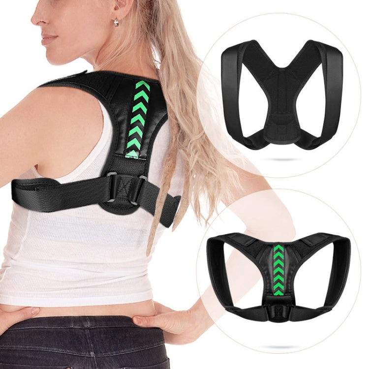 Black open-shoulder posture belt with green chevron detail and wide shoulder straps