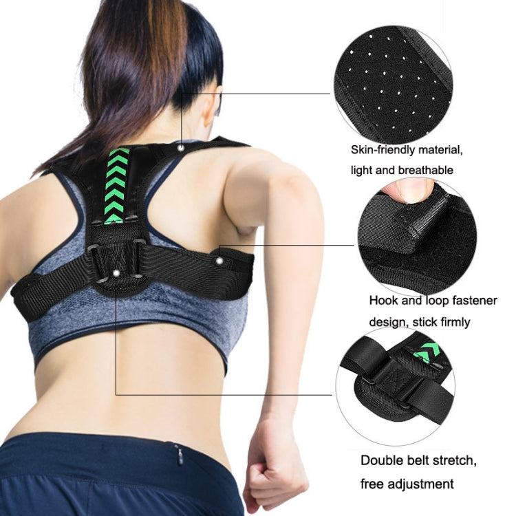 Black posture correction belt with green chevron webbing and hook-and-loop fasteners