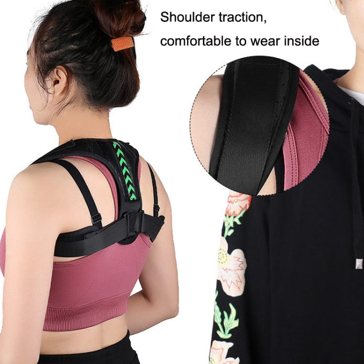 Black open-shoulder posture belt with padded back support band and green chevron strip