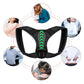 Black open-shoulder posture belt with green chevron center panel and adjustable front band