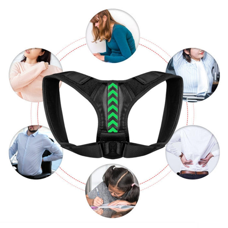 Black open-shoulder posture belt with green chevron center panel and adjustable front band