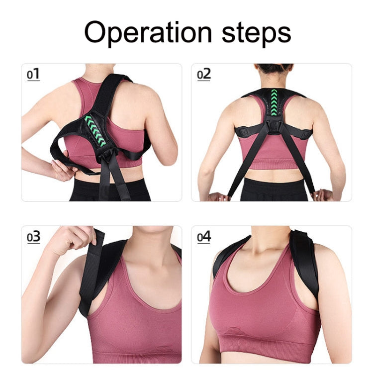 Black open-shoulder posture belt worn on the upper back with green chevron panel