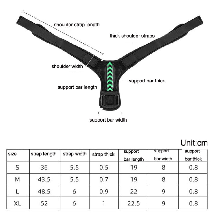 Posture correction belt size chart with labeled strap lengths and support bar dimensions