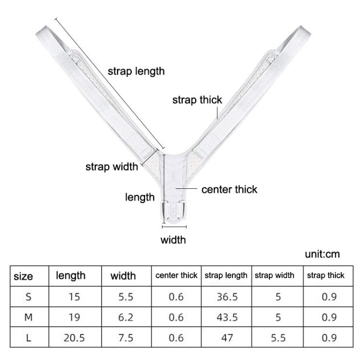 Posture correction belt measurement chart with strap width and length (cm)