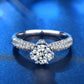 Sterling silver moissanite crown ring viewed from above with round center stone