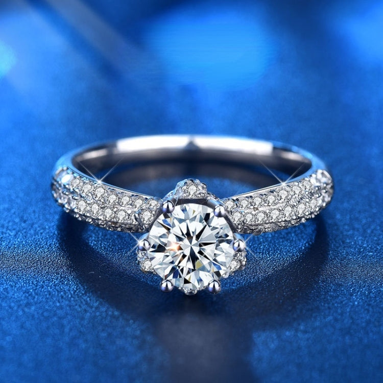 Sterling silver moissanite crown ring viewed from above with round center stone