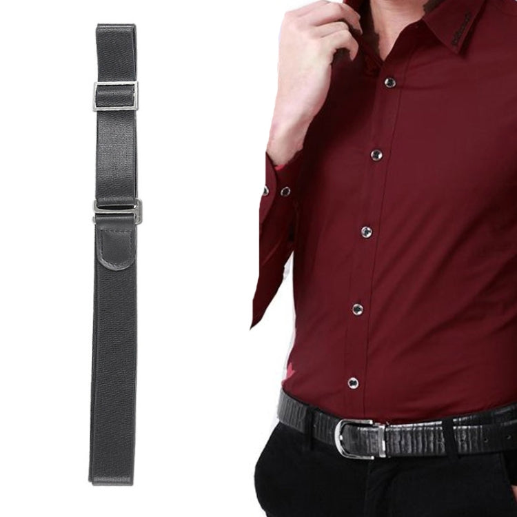 Black adjustable shirt stay strap with metal buckle and loop keeper