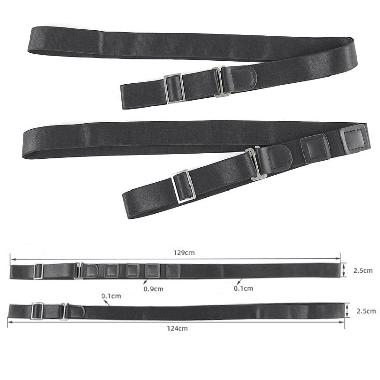 Black shirt stay straps with buckles, shown with length measurements