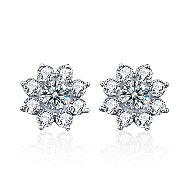 Silver flower stud earrings with round center and petal-shaped moissanite stones