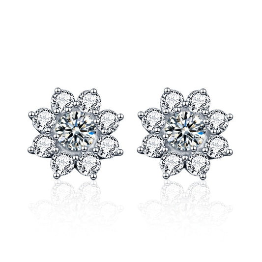 Silver flower stud earrings with round center and petal-shaped moissanite stones