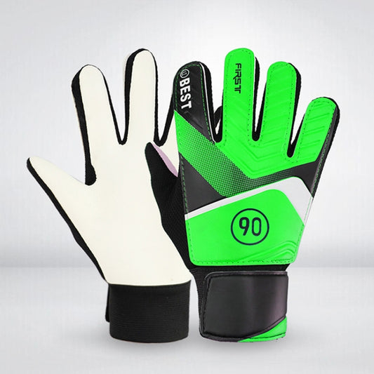 Green children's goalkeeper gloves with white latex palms, black accents and wrist straps