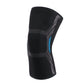 Black nylon sports knee sleeve with textured protective pads and blue side stripe