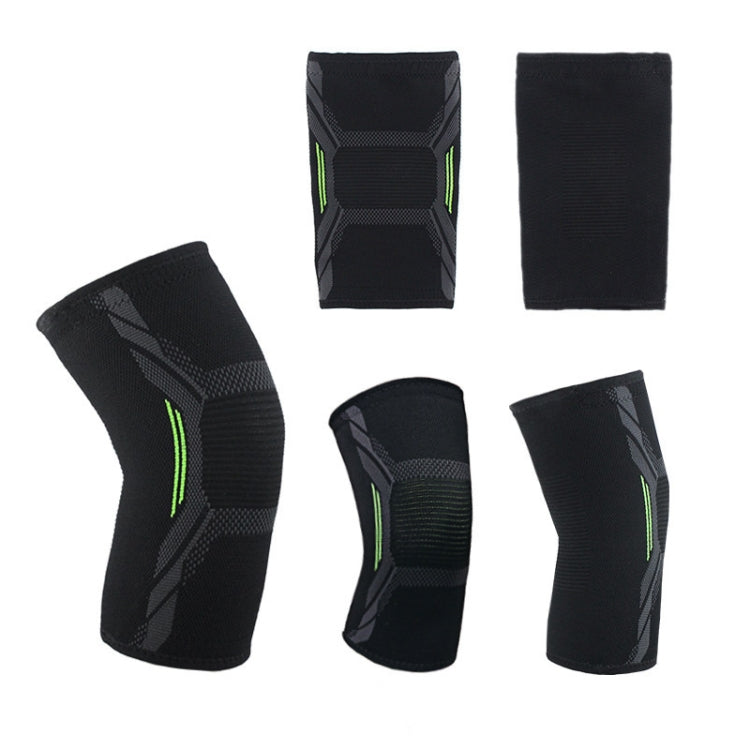 Nylon sports knee pads set: black knit sleeves with gray panels and neon green accents.