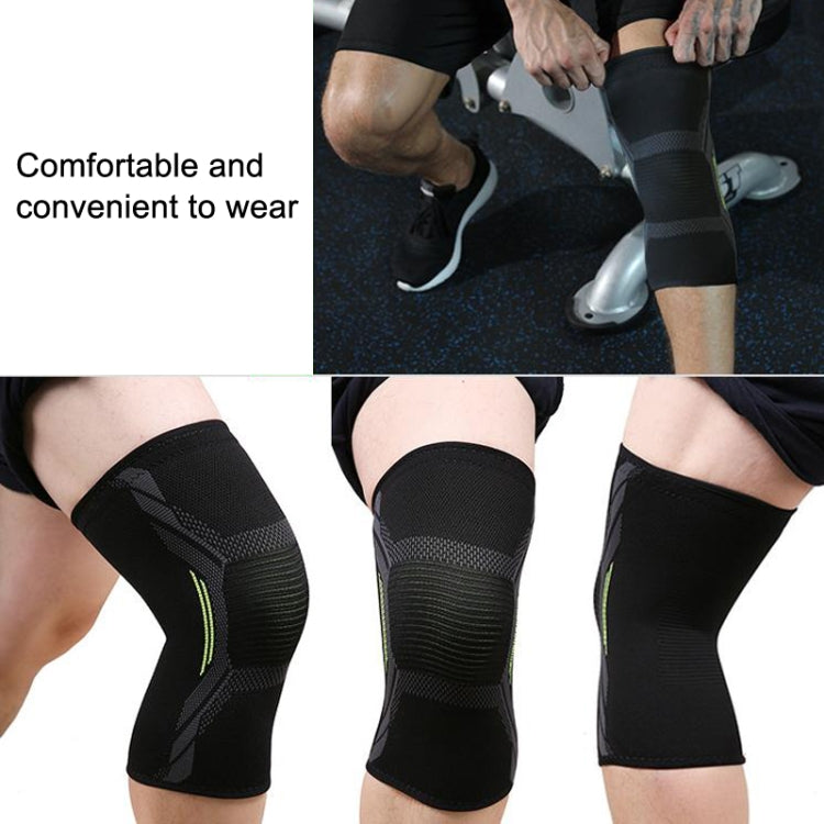 Black stretch-knit knee pads with green piping, cushioned panel for sports protection